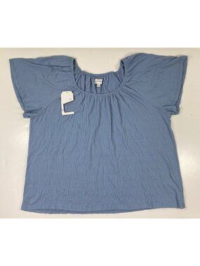 Wonderly Womens Blouse Blue Solid Gale Short Flutter Sleeves Cotton Size Large